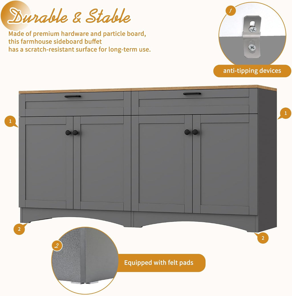 Ball & Cast Farmhouse TV Stand with 2 Drawers for TVs up to 70',Wood Grain Sideboard Buffet Cabinet w/Rustic Handles and Adjustable Shelf,Entertainment Center for Living Room,Bedroom,Grey
