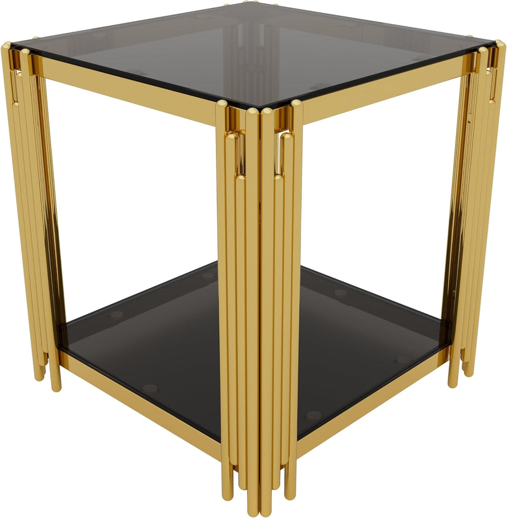 19.9'' Tempered Glass Side Tabel Square End for Living Room, 2-Tier Modern Accent Square Design, Transparent Mirror Tabletop & Metal Drum Base, Easy Assembly, Black & Gold