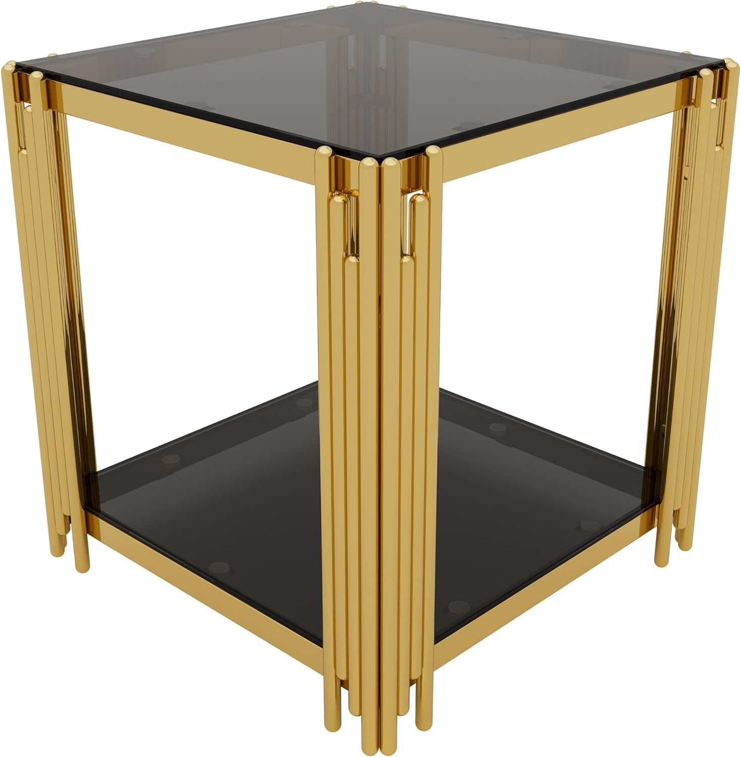 19.9'' Tempered Glass Side Tabel Square End for Living Room, 2-Tier Modern Accent Square Design, Transparent Mirror Tabletop & Metal Drum Base, Easy Assembly, Black & Gold