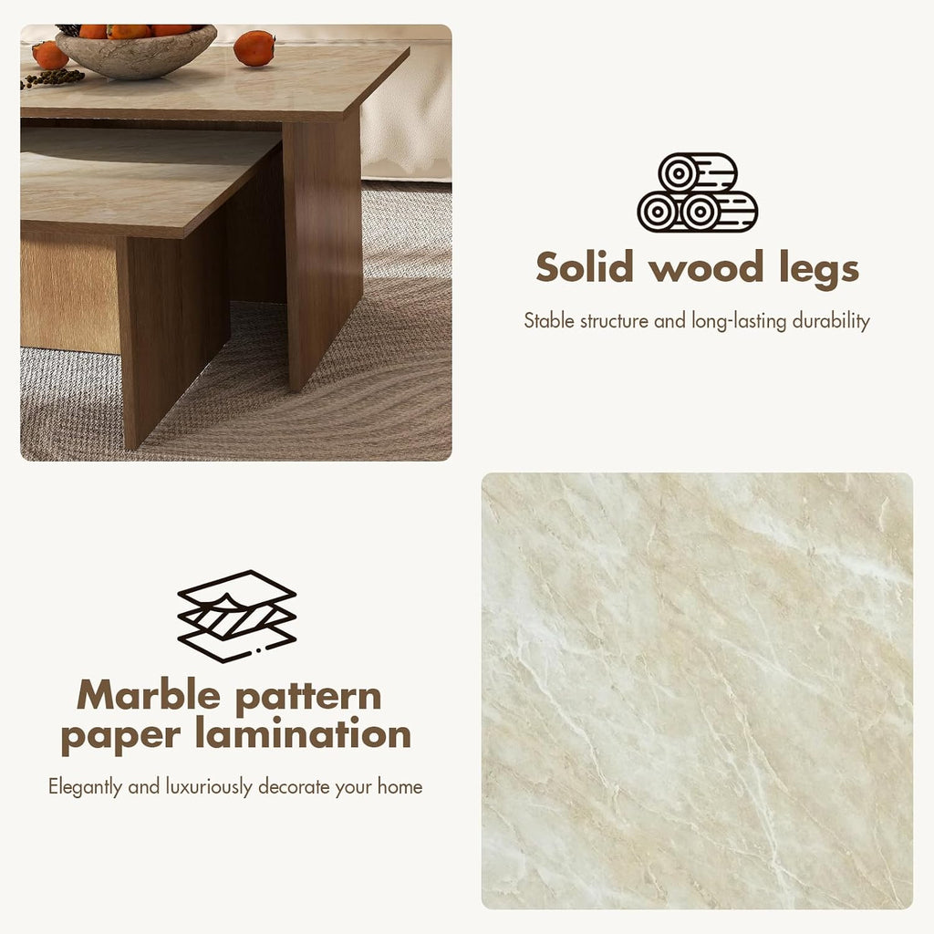Mid Century Modern Coffee Table Set of 3, Nesting Coffee Tables with Marble Pattern Tabletop and Solid Wood Legs,Wood Side Tables for Living Room, Natural