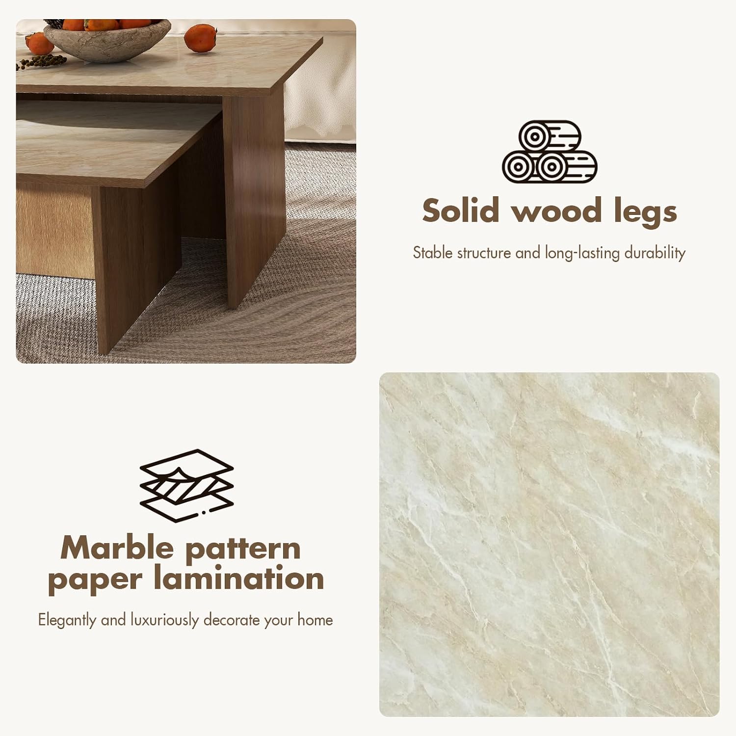Mid Century Modern Coffee Table Set of 3, Nesting Coffee Tables with Marble Pattern Tabletop and Solid Wood Legs,Wood Side Tables for Living Room, Natural
