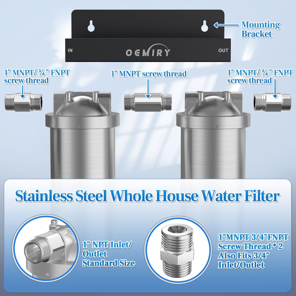 Whole House Water Filter, Stainless Steel Filter Housing, 2-Stage 10'x4.5' Sediment Carbon Filter Pre-Filtration System for Well or City Water, 1' or 3/4' NPT Port, 2 Filters