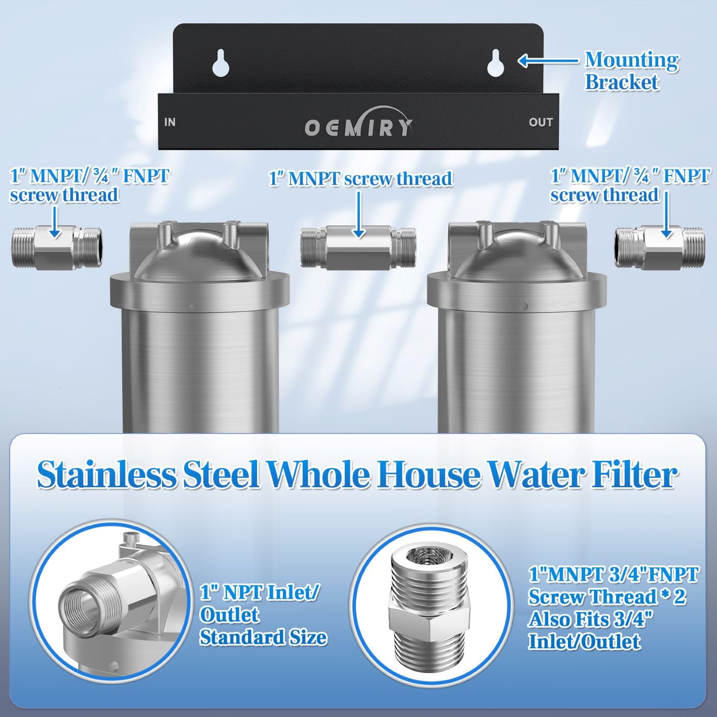 Whole House Water Filter, Stainless Steel Filter Housing, 2-Stage 10'x4.5' Sediment Carbon Filter Pre-Filtration System for Well or City Water, 1' or 3/4' NPT Port, 2 Filters