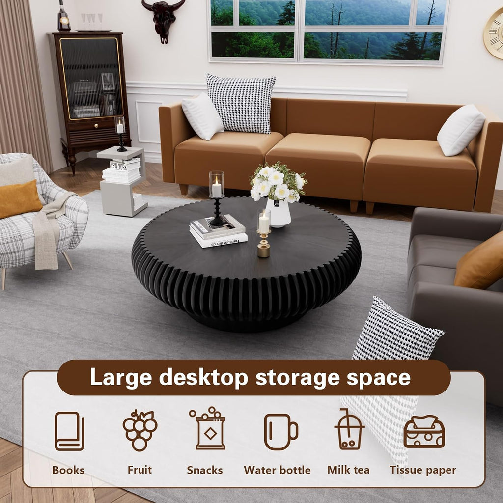 Round Drum Coffee Table Modern Coffee Tables Fluted Coffee Table Circle Center Table Pedestal End Table for Living Room Bedroom (Black 31.5in)