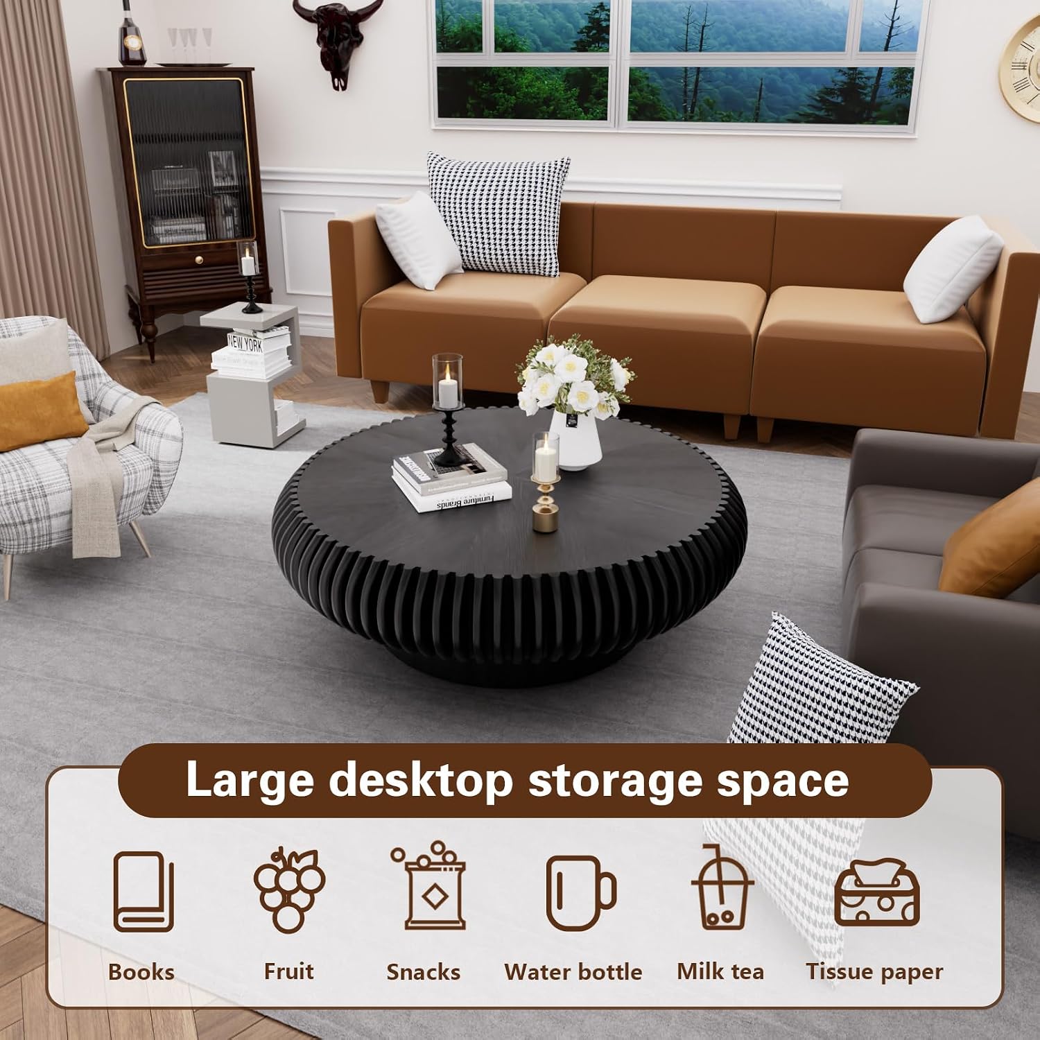Round Drum Coffee Table Modern Coffee Tables Fluted Coffee Table Circle Center Table Pedestal End Table for Living Room Bedroom (Black 31.5in)