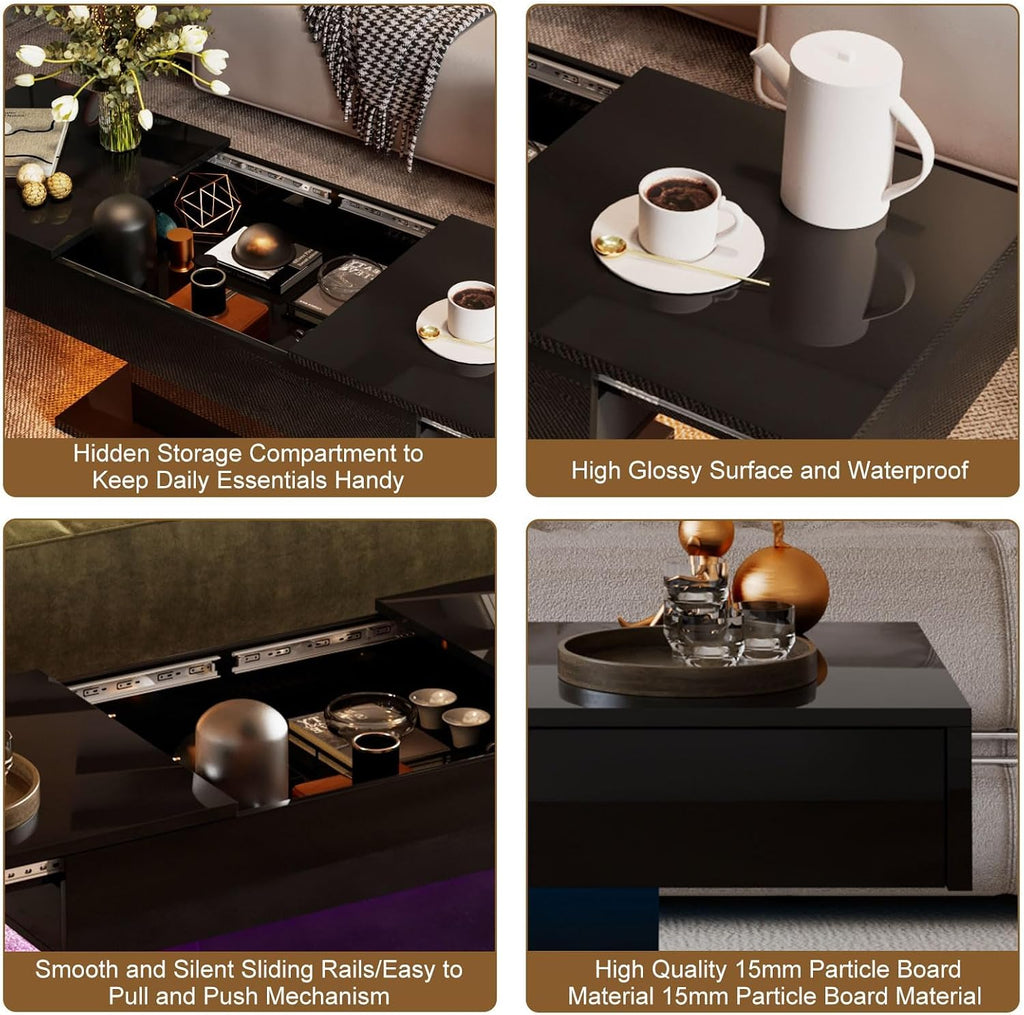 HedoAjim Black LED Coffee Table with Storage for Living Room, Living Room Table Rectangular Center Table, Modern High Glossy Wooden Coffee Tables for Dining Reception Room