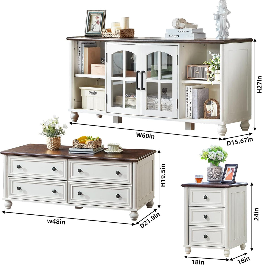 RWYHG Farmhouse Coffee Table & TV Stand Set of 4,Entertainment Center for 60 Inch TV,Wooden Coffee Tables with 4 Drawers, Nightstand with 3 Drawers and Charging Station for Living Room,Bedroom,White