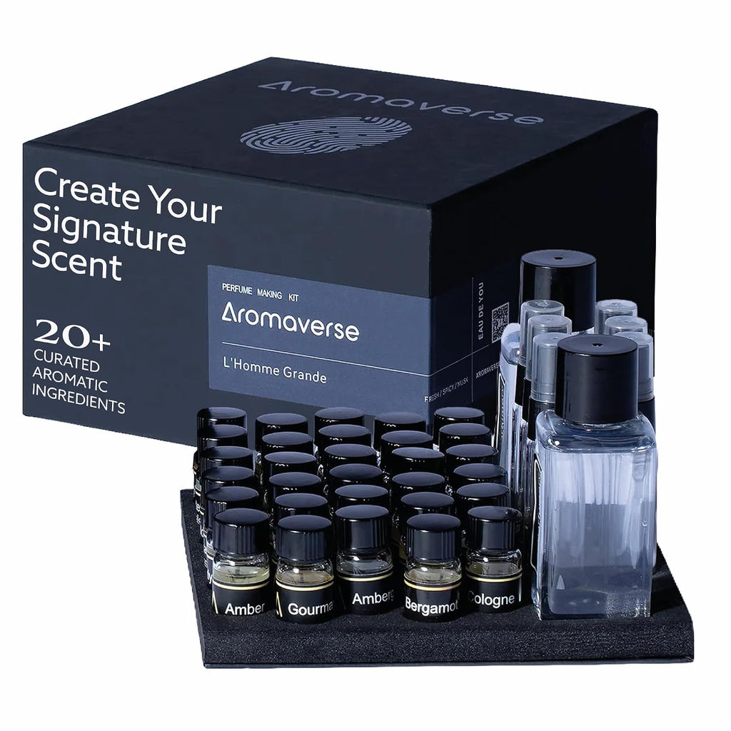 L'Homme Grande Perfume Making Kit - Make Your Own Perfume Kit for Women & Men with 30 Aromatic Ingredients, Spray Bottles, Droppers & 6 Recipes, Masculine Fresh, Woody & Spicy Notes