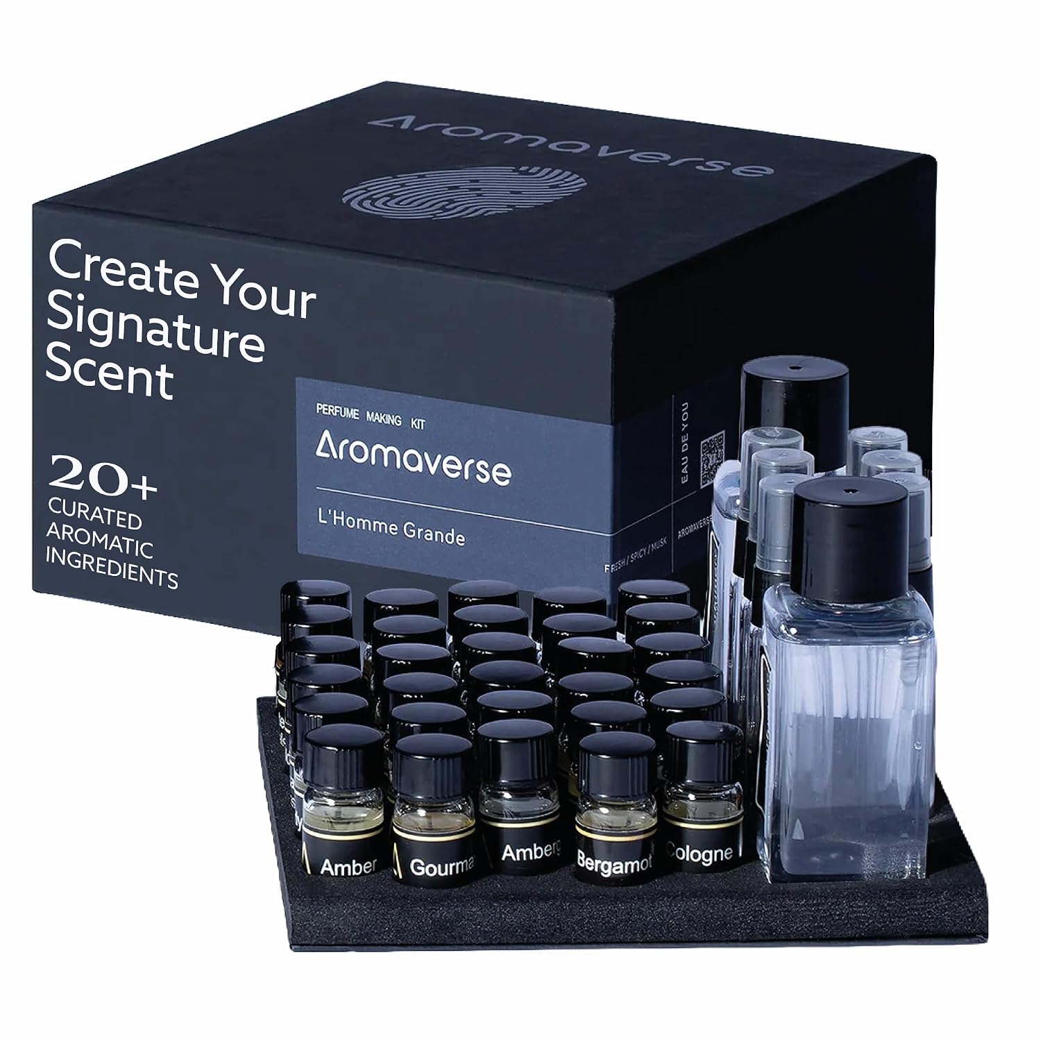 L'Homme Grande Perfume Making Kit - Make Your Own Perfume Kit for Women & Men with 30 Aromatic Ingredients, Spray Bottles, Droppers & 6 Recipes, Masculine Fresh, Woody & Spicy Notes