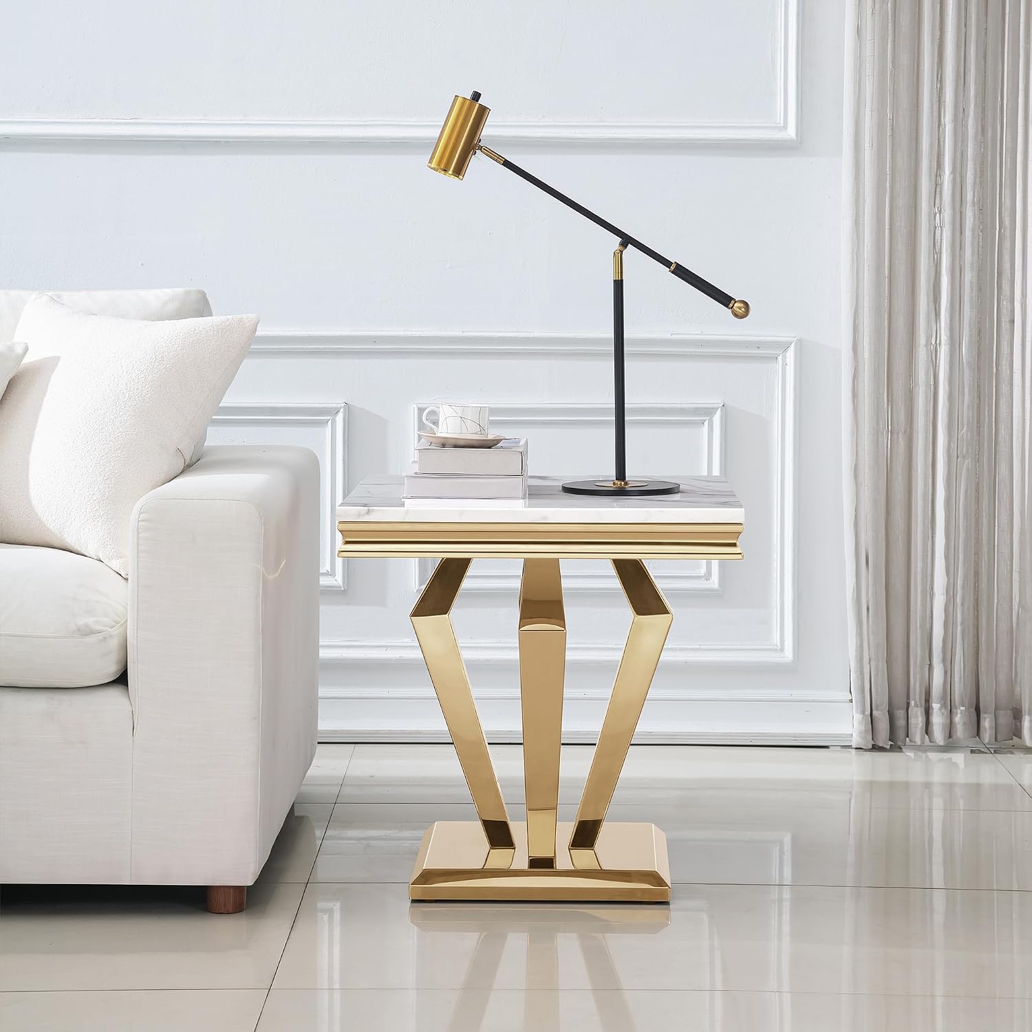 3 Piece Living Room Table Set, Modern Faux Marble Coffee Table and 2 End Tables Set for Living Room Apartment, Mirrored Stainless Steel Base, Imitation Marble Tabletop (White & Gold)