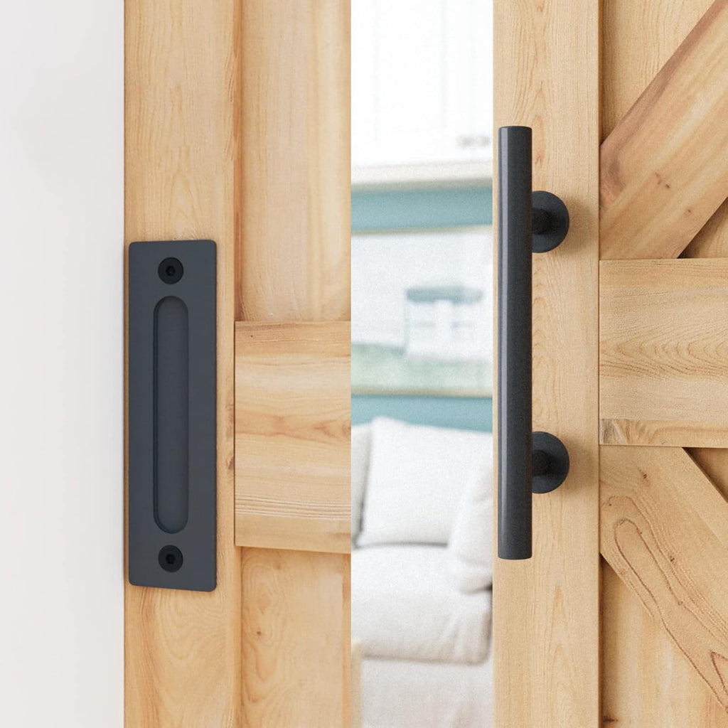 SMARTSTANDARD 12 FT Heavy Duty Sturdy Sliding Barn Door Hardware Kit, Black, (Whole Set Includes 1x Pull Handle Set & 1x Floor Guide) Fit 72' Wide Door Panel (I Shape Hanger)