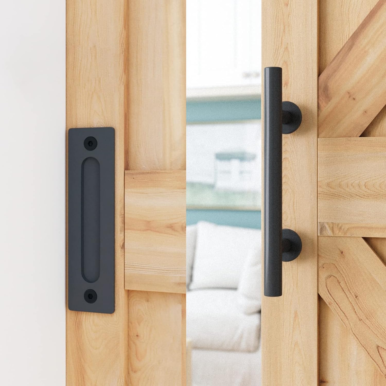 SMARTSTANDARD 12 FT Heavy Duty Sturdy Sliding Barn Door Hardware Kit, Black, (Whole Set Includes 1x Pull Handle Set & 1x Floor Guide) Fit 72' Wide Door Panel (I Shape Hanger)