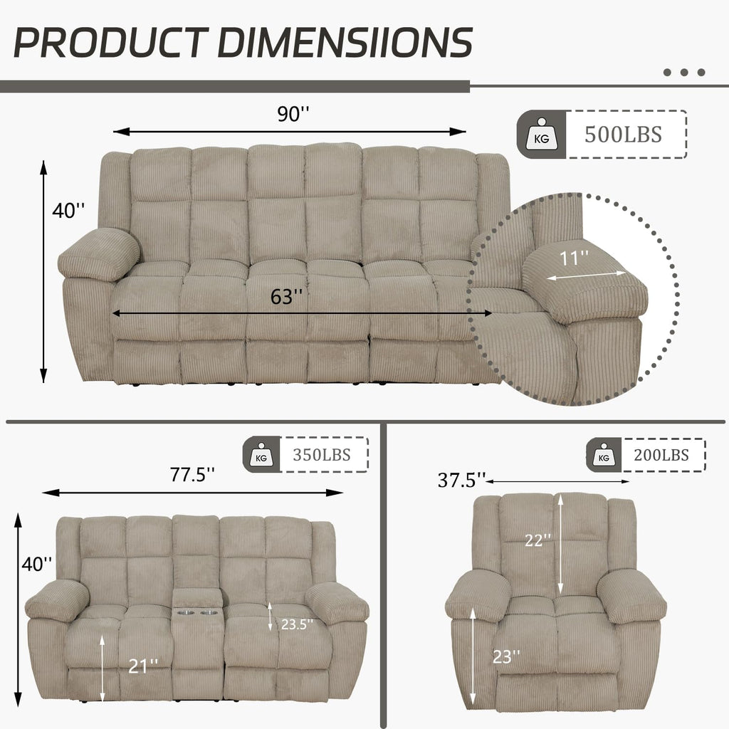Corduroy Fabric Recliner Sofa Set, 3 Piece Living Room Furniture Set, Manual Reclining Sofa Loveseat Chair Set with Cup Holders/Storage/Drop Down Table (Beige, Sofa+Two Cahirs)