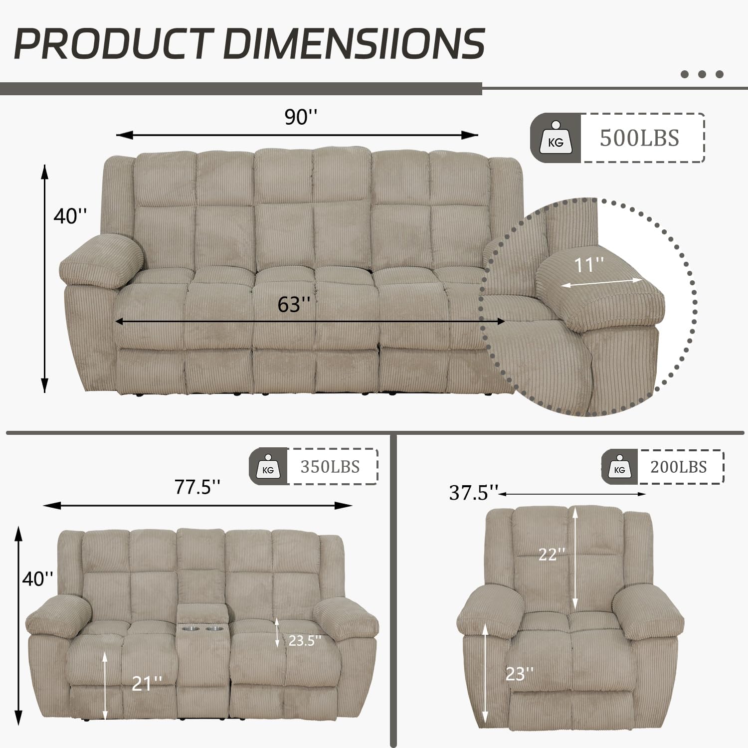 Corduroy Fabric Recliner Sofa Set, 3 Piece Living Room Furniture Set, Manual Reclining Couch Set for Home Theater with Cup Holders/Storage/Drop Down Table (Beige)