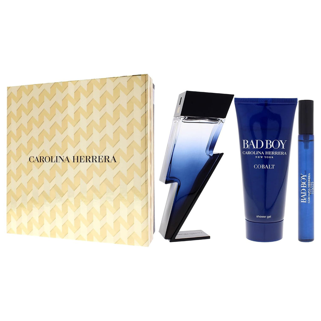 Bad Boy Cobalt Electrique by Carolina Herrera for Men - 3 Pc Gift Set 3.4oz EDP Spray 0.34oz EDP Spray (Mini), 3.4oz Shower Gel