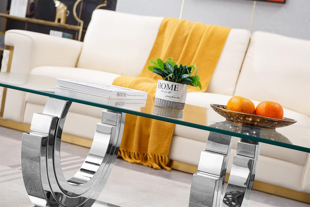 1 Piece Living Room Coffee Table Luxury Glass Center Table, Modern Silver Coffee Table with C-Shape Stainless Steel Pedestal Base