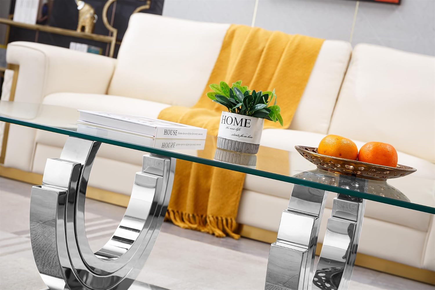 1 Piece Living Room Coffee Table Luxury Glass Center Table, Modern Silver Coffee Table with C-Shape Stainless Steel Pedestal Base
