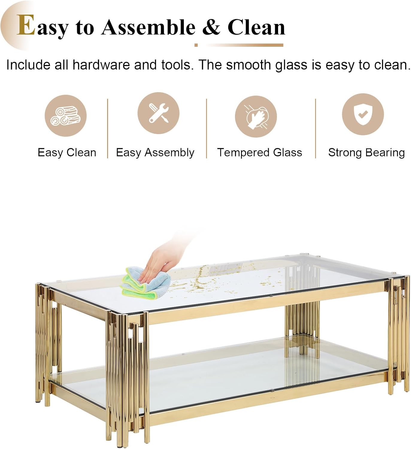 48' Rectangle Glass Coffee Table with Storage, Luxury 2-Tier Living Room Center Table w/Gold Stainless Steel Frame, Modern Clear Glass Coffee Cocktail Tea Table for Home Office