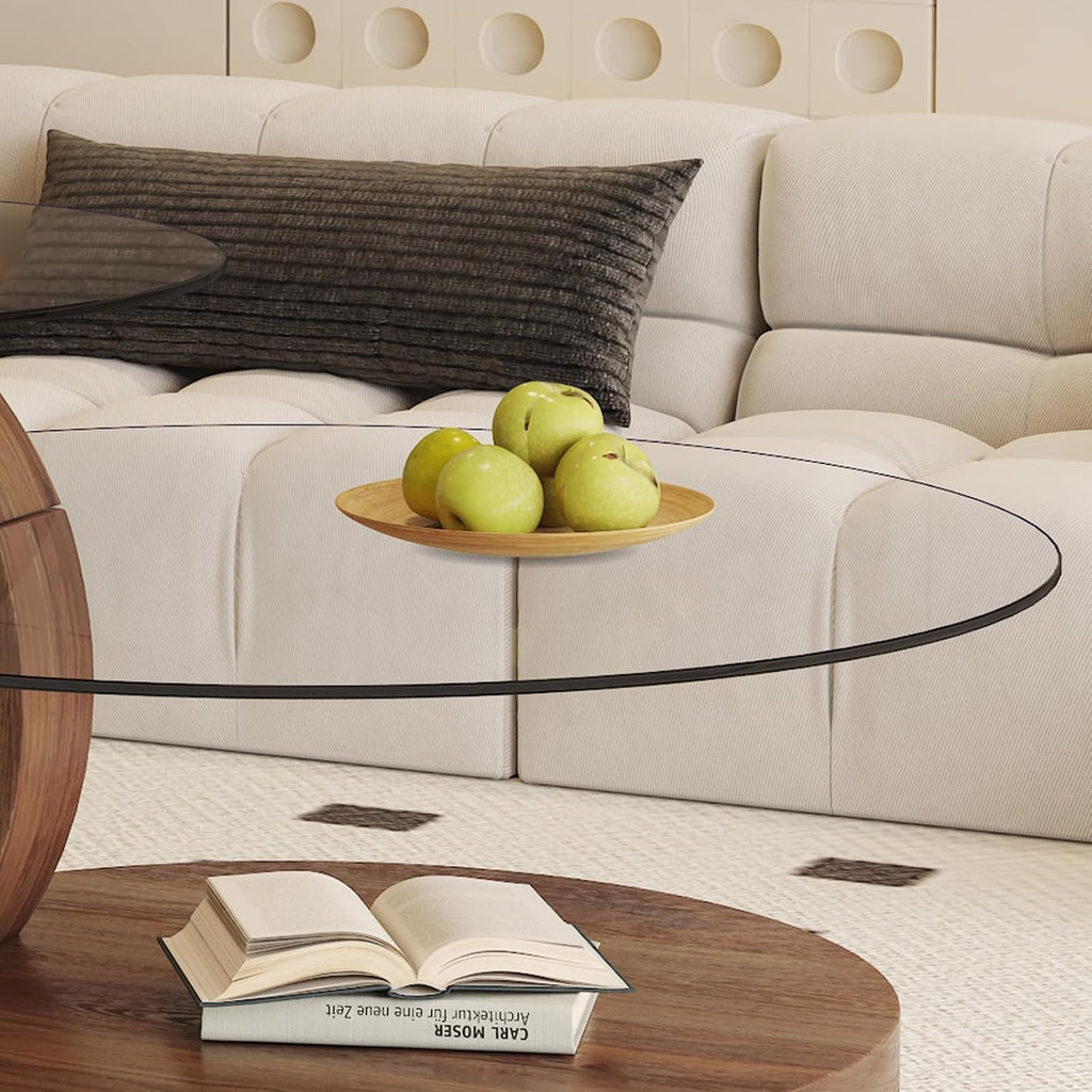 Glass Coffee Table 3 Tier Round Coffee Tables Tempered Clear Glass Top and Wood Table with Storage Modern Circle Coffee Table for Living Room(42' Dark Brown)