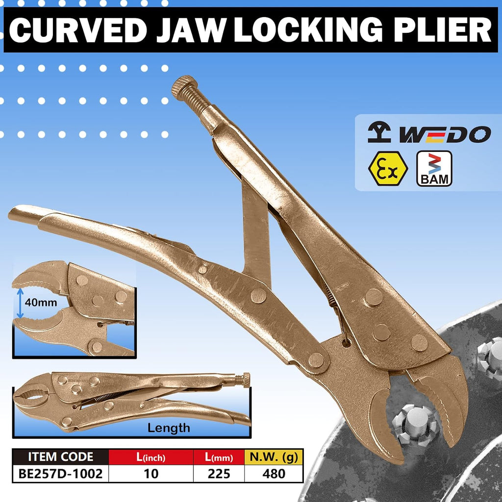 WEDO Locking Pliers 10-Inch,Non-Sparking Curved Jaw Locking Pliers with Wire Cutter,Beryllium Copper,DIN Standard,BAM Certificate,Die-forging
