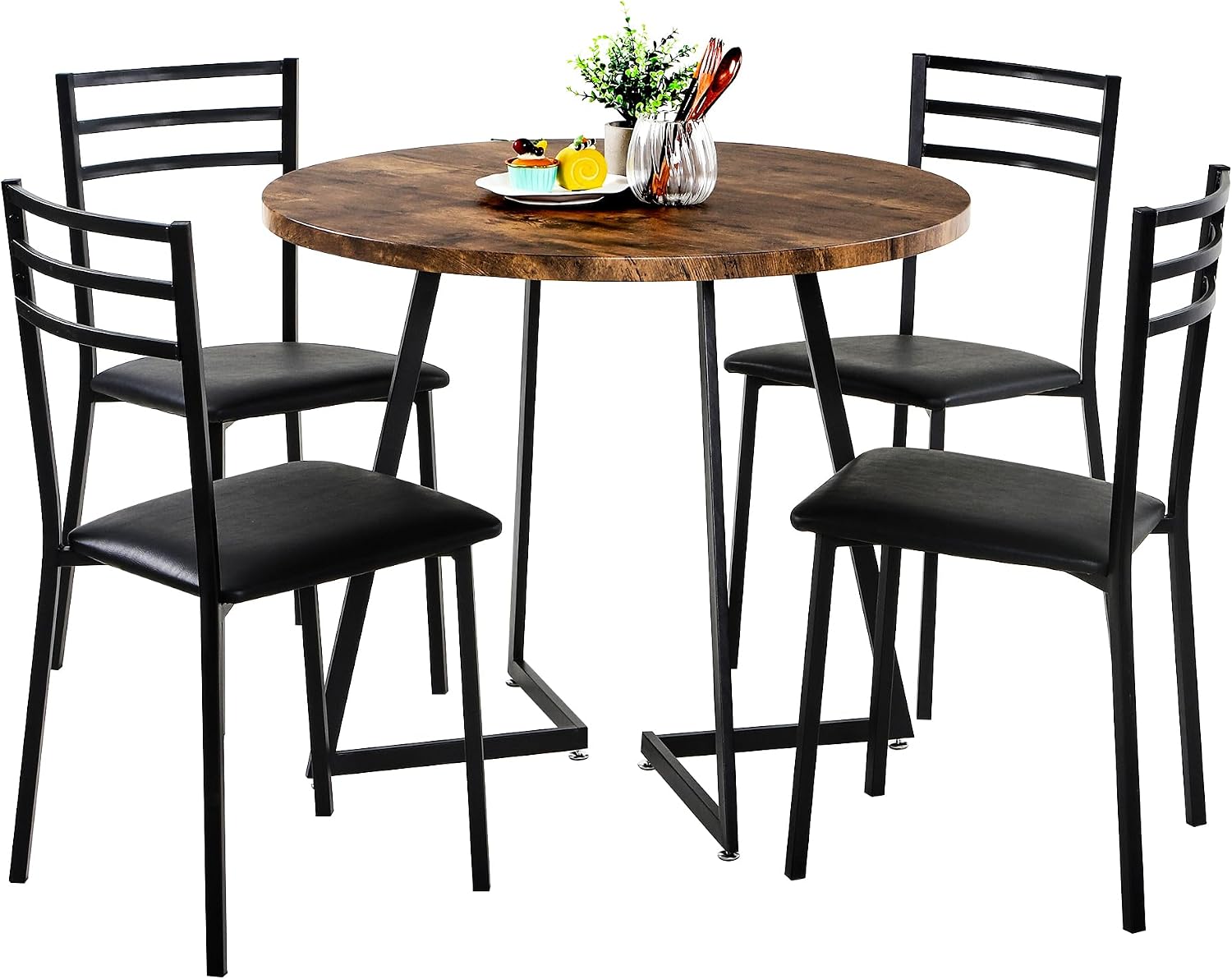 VECELO Round Dining Table Set for 4, Wood Tabletop & Heavy-Duty Steel Frame, 6-Piece Dinette with Chairs for Kitchen, Breakfast Nook, Antique Brown & Black
