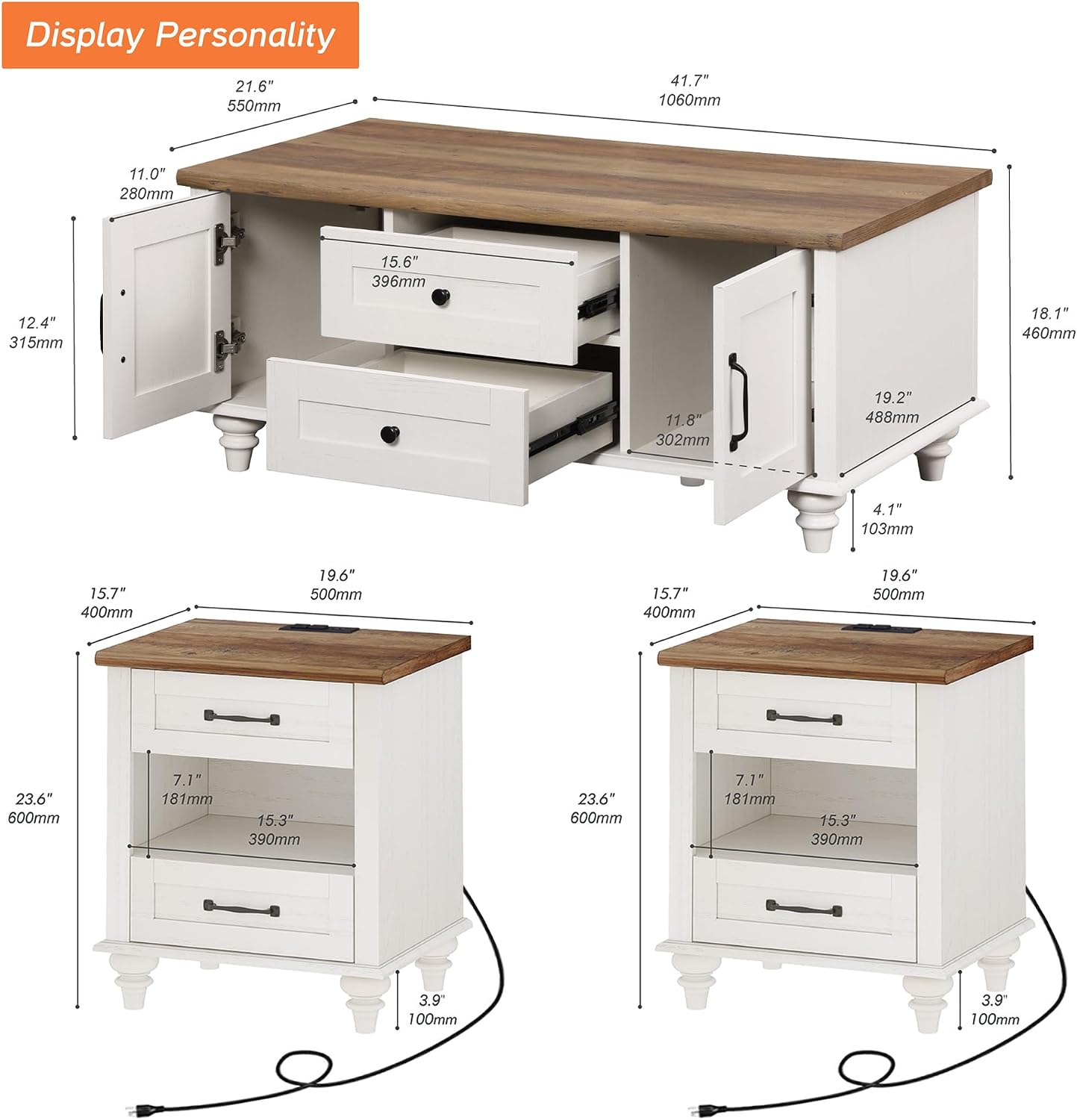 WAMPAT White Coffee Table Set of 3, One Wood Center Table with Drawers, 2 End Side Tables with Charging Station, 3 Pieces Living Room Table Set