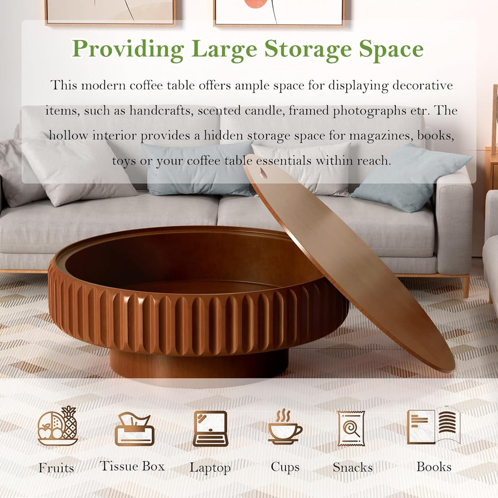 39.37' Round Drum Coffee Table with Storage Rustic Chic Fluted Center Table - Handcraft Solid Wood Veneer Edge for Living Room Farmhouse (A 39.37in)