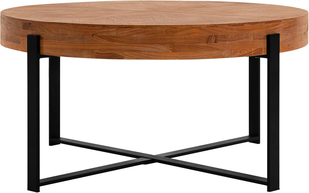 Setawix Farmhouse Round Coffee Table for Living Room, 33.86' Small Side End Table, Wood Retro Splicing Coffee Table, Modern Accent Coffee Table Entry Way Table with Black Metal Cross Leg