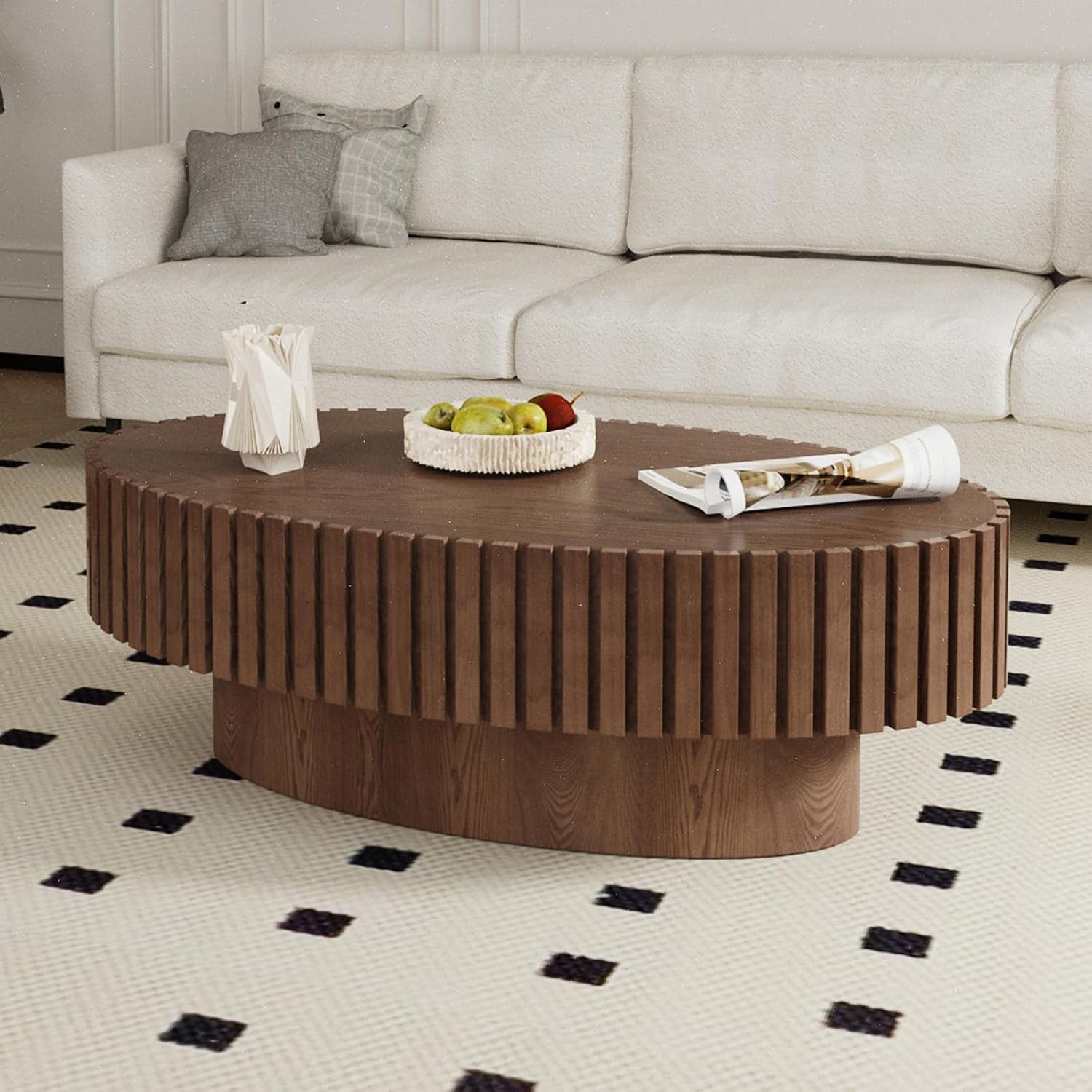 Oval Coffee Table, Handcrafted Fluted Drum Coffee Tables Modern Wood Coffee Table Drum Center Table for Living Room, Apartment (Oval Brown)