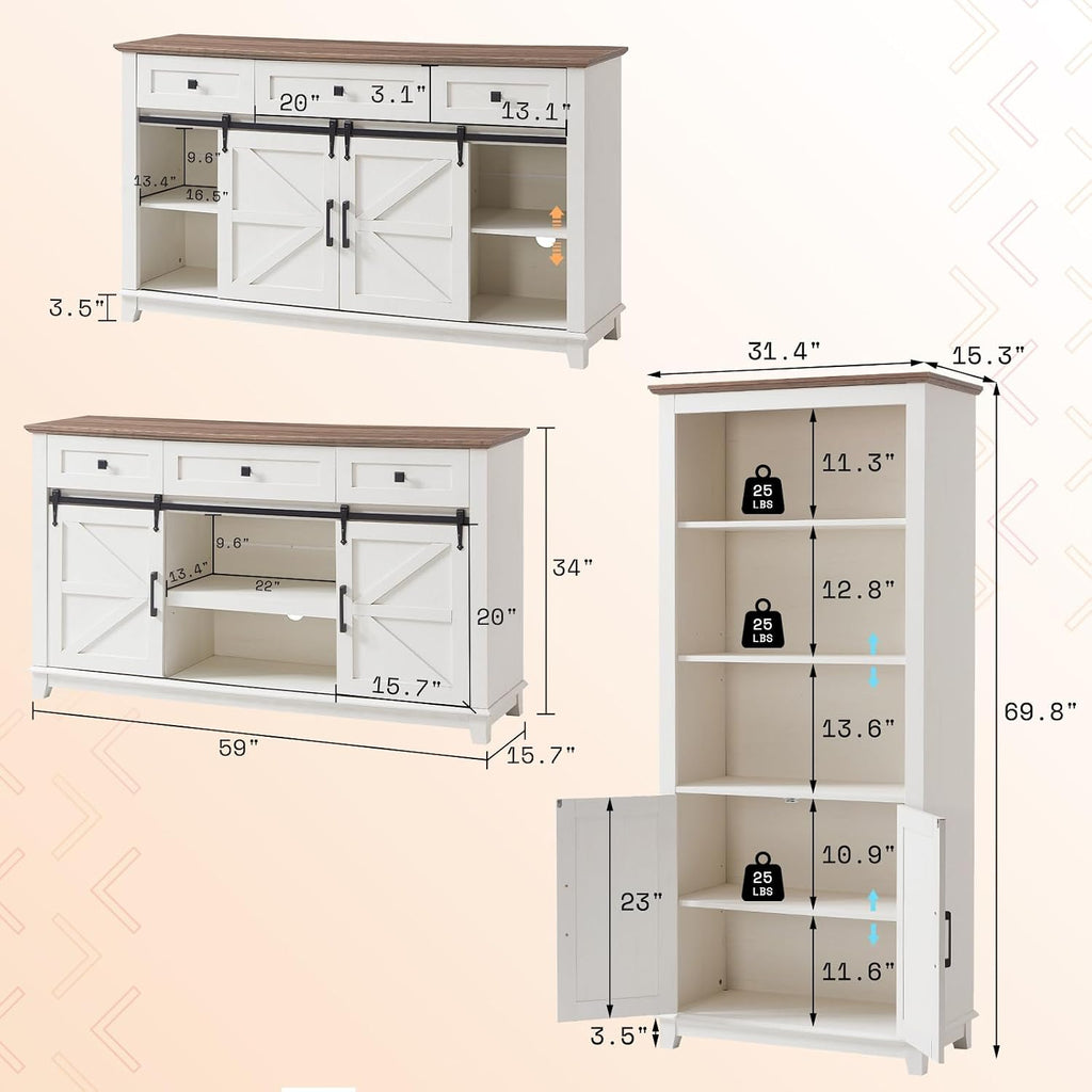 AMERLIFE TV Stand with Set of 2 Bookcases and Coffee Table, Farmhouse Entertainment Center for 65 Inch Television with Sliding Barn Doors & Storage Drawers, for Living Room, Bedroom, Rustic White