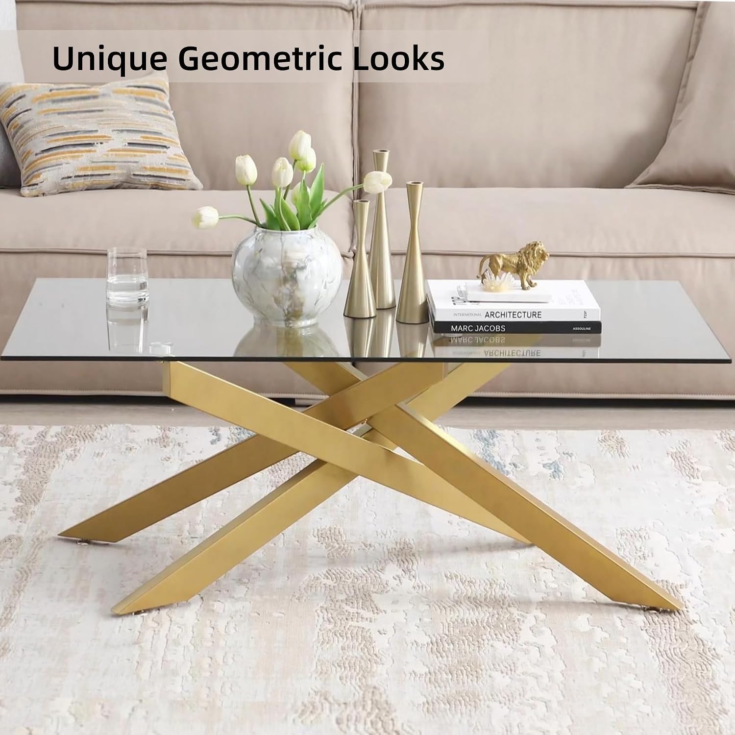 Gold Coffee Table for Living Room, Modern Glass Coffee Table with 47' Tempered Glass Top and Metal Tubular Legs for Small Space, Apartment, Office