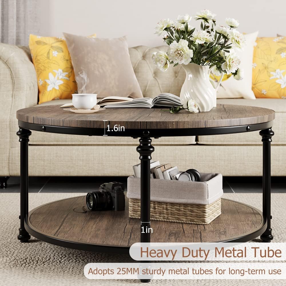 2-Tier Round Coffee Table with Storage Shelf, Rustic Wood and Metal Cocktail Table, Modern Industrial Center Table for Living Room, Apartment, Small Spaces