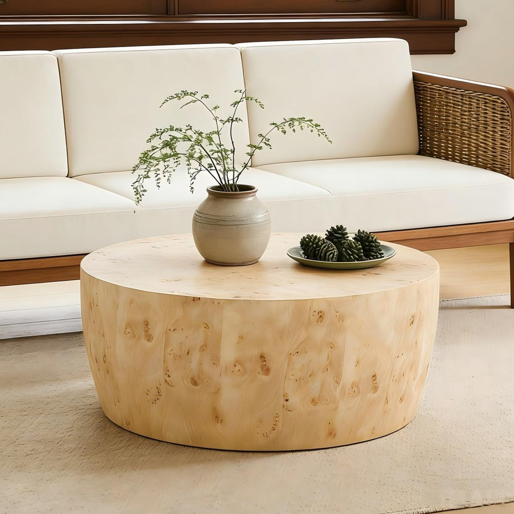 35' Rustic Drum Coffee Table for Living Room Round Center Table Modern Drum-Shape Wooden Cocktail Table for Home Office, Fully Assembled - Burl Wood Veneer Natural Color
