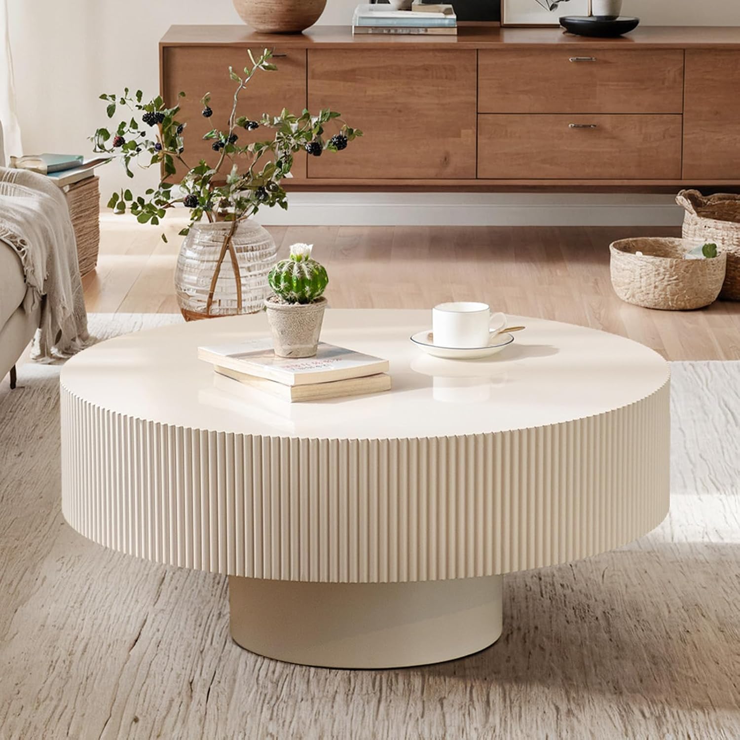 Round Drum Coffee Table White Round Fluted Coffee Table Modern Unique Fluted Drum Coffee Tables for Living Room (Ivory White, 30.9 * 30.9 * 13.8')