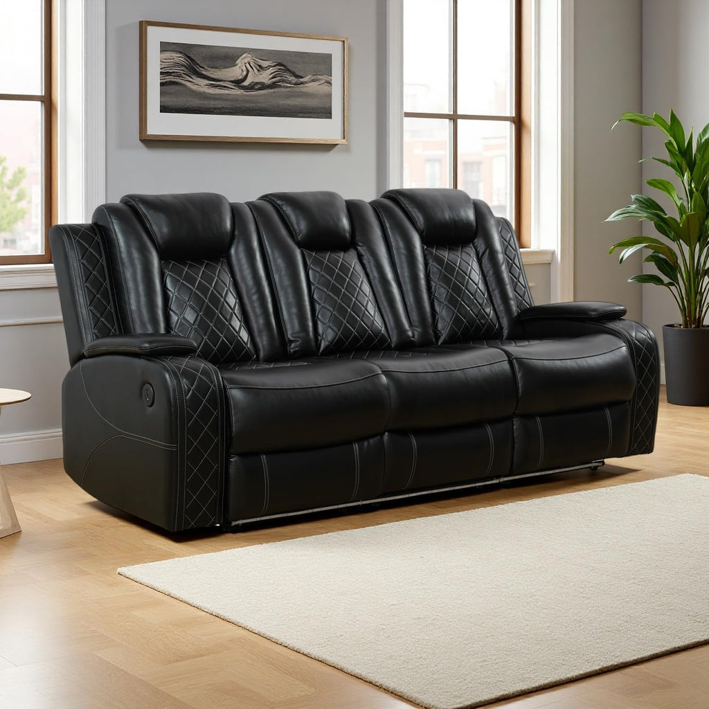 Black Power Recliner Sofa Couch with LED Light, 3-Seat Air Leather Reclining Couch, Luxury Recliner Furniture for Living Room with Coffee Table/Read Light/Home Theater Seat (3 Seater)
