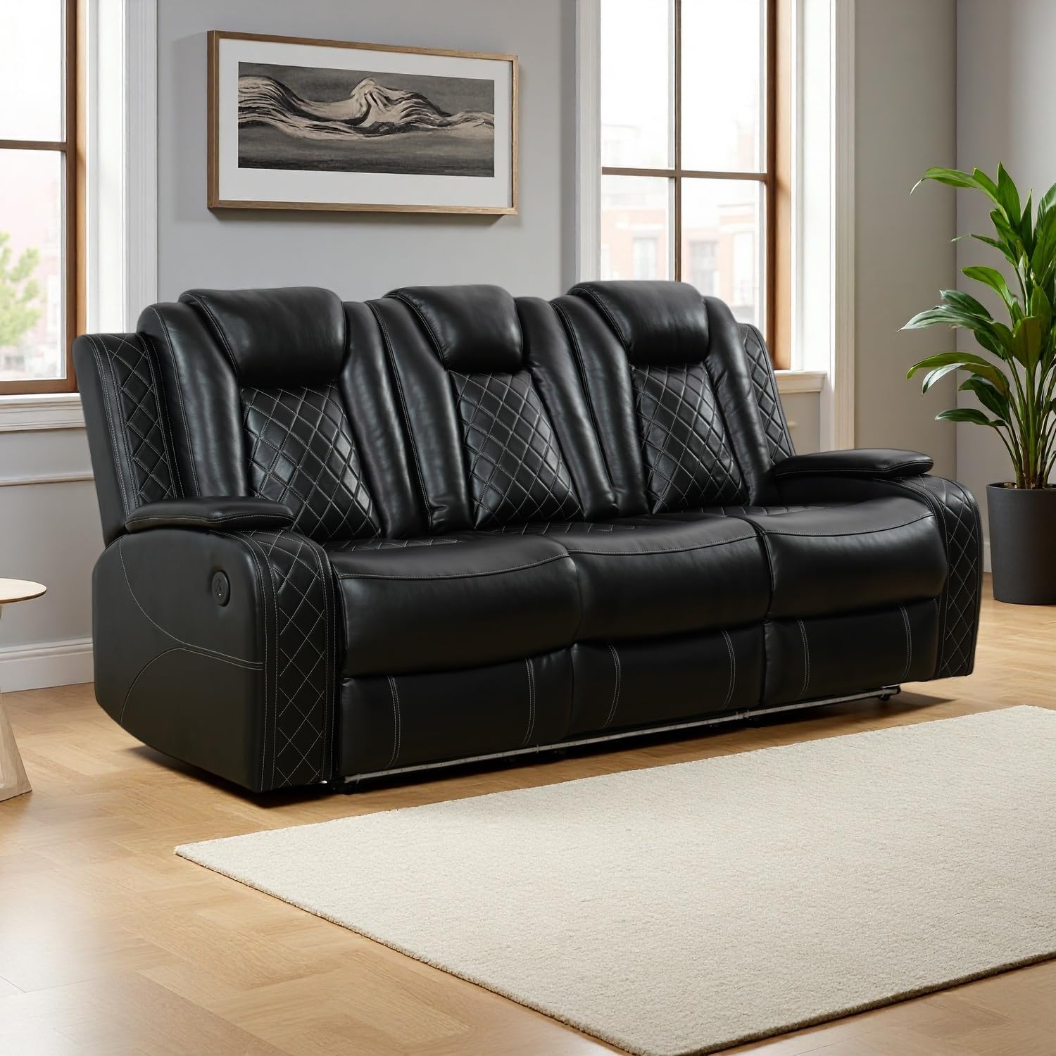 Black Power Recliner Sofa Couch with LED Light, 3-Seat Air Leather Reclining Couch, Luxury Recliner Furniture for Living Room with Coffee Table/Read Light/Home Theater Seat (3 Seater)