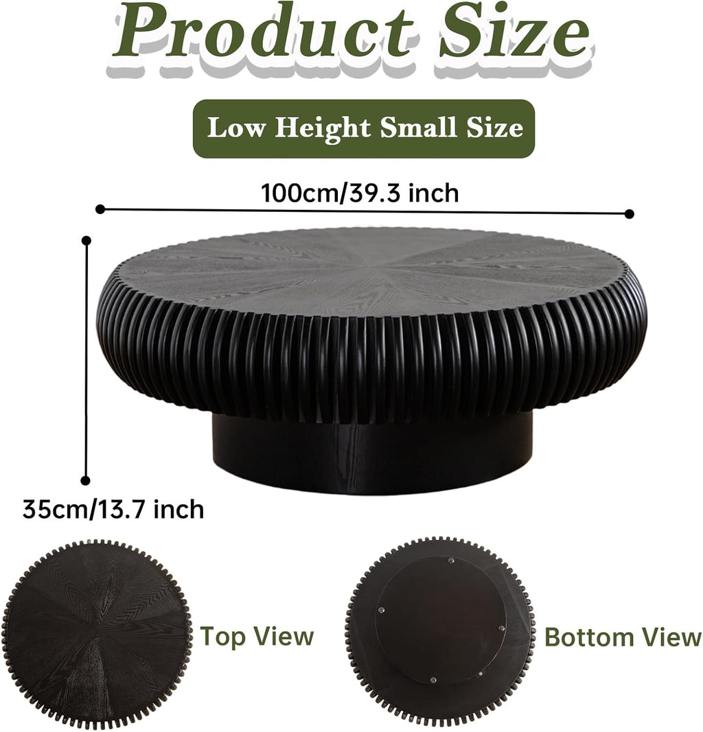 Round Fluted Drum Coffee Table Modern Round Black Fluted Coffee Table Low Circle Coffee Tables for Living Room (Black A, 39.3')