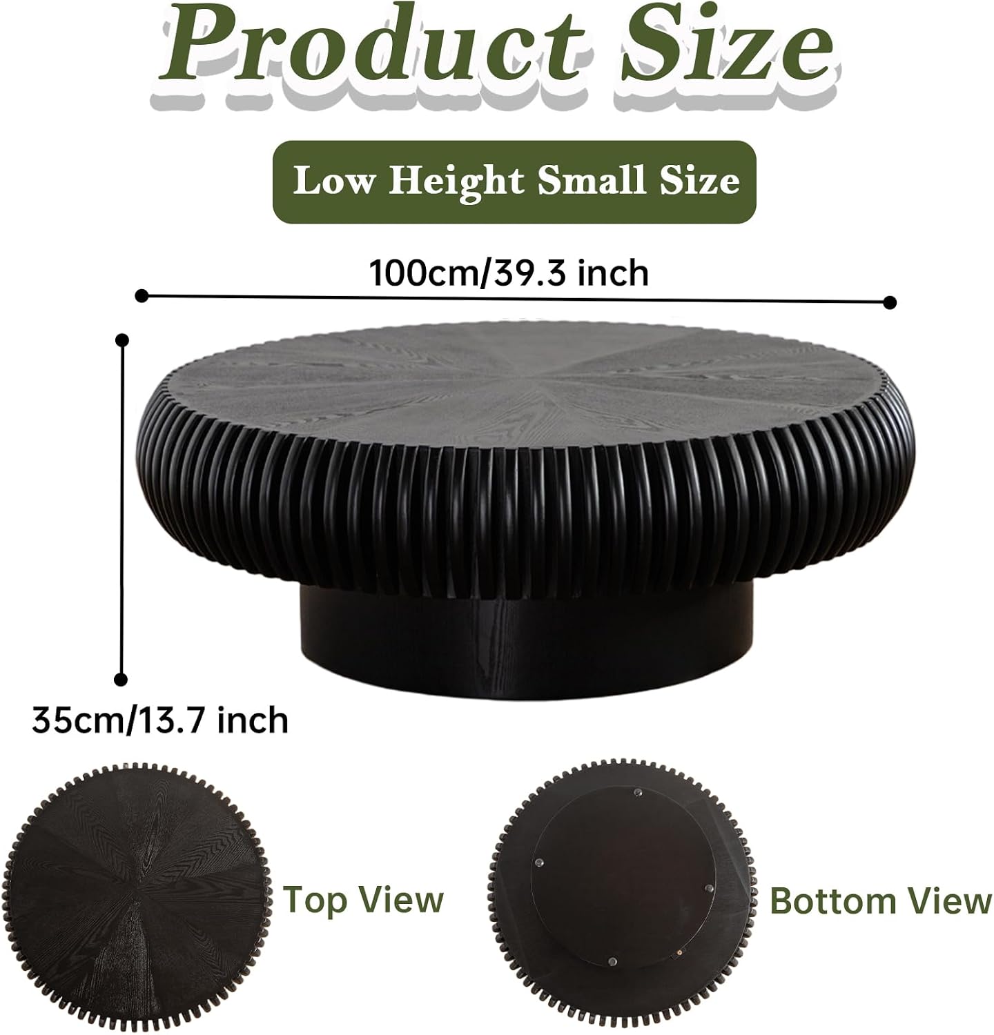 Round Fluted Drum Coffee Table Modern Round Black Fluted Coffee Table Low Circle Coffee Tables for Living Room (Black A, 39.3')