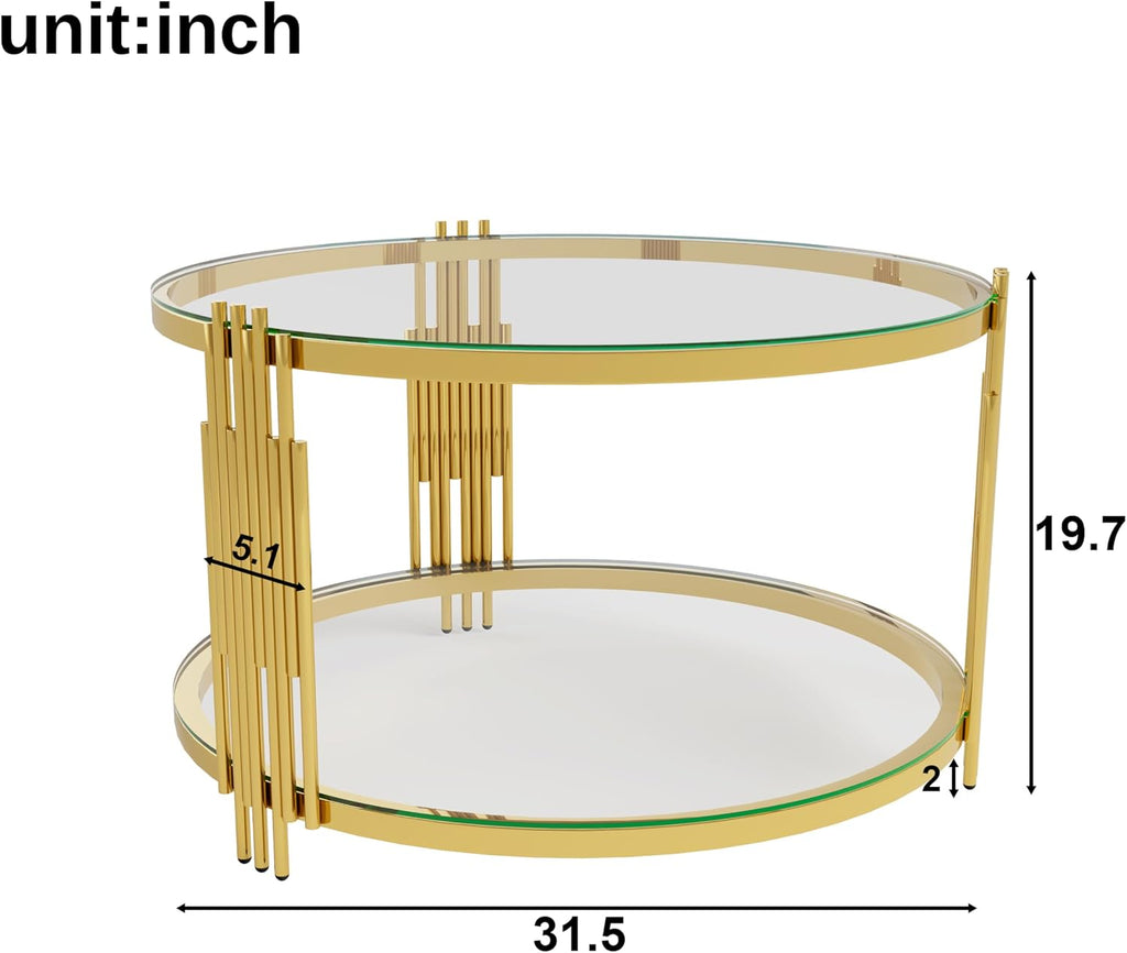 Circle Coffee Table, Tempered Glass Center Table with Asymmetrical Gold Frame and Storage Shelf, for Living Room Home Office Decor, Transparent