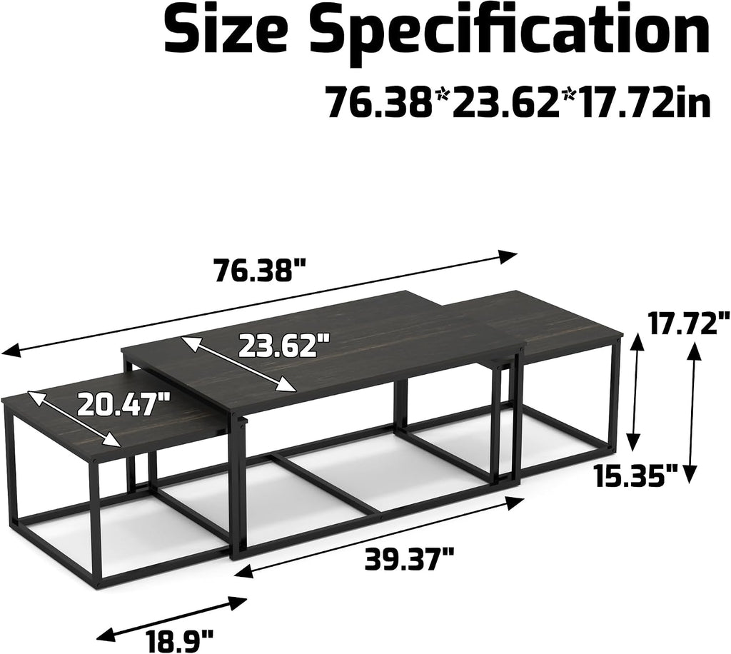 Nesting Coffee Tables,3 Piece Living Room Coffee Table,Industrial Rectangular Coffee Table Set,End Table Side Tables for Living Room Bedroom(Black)