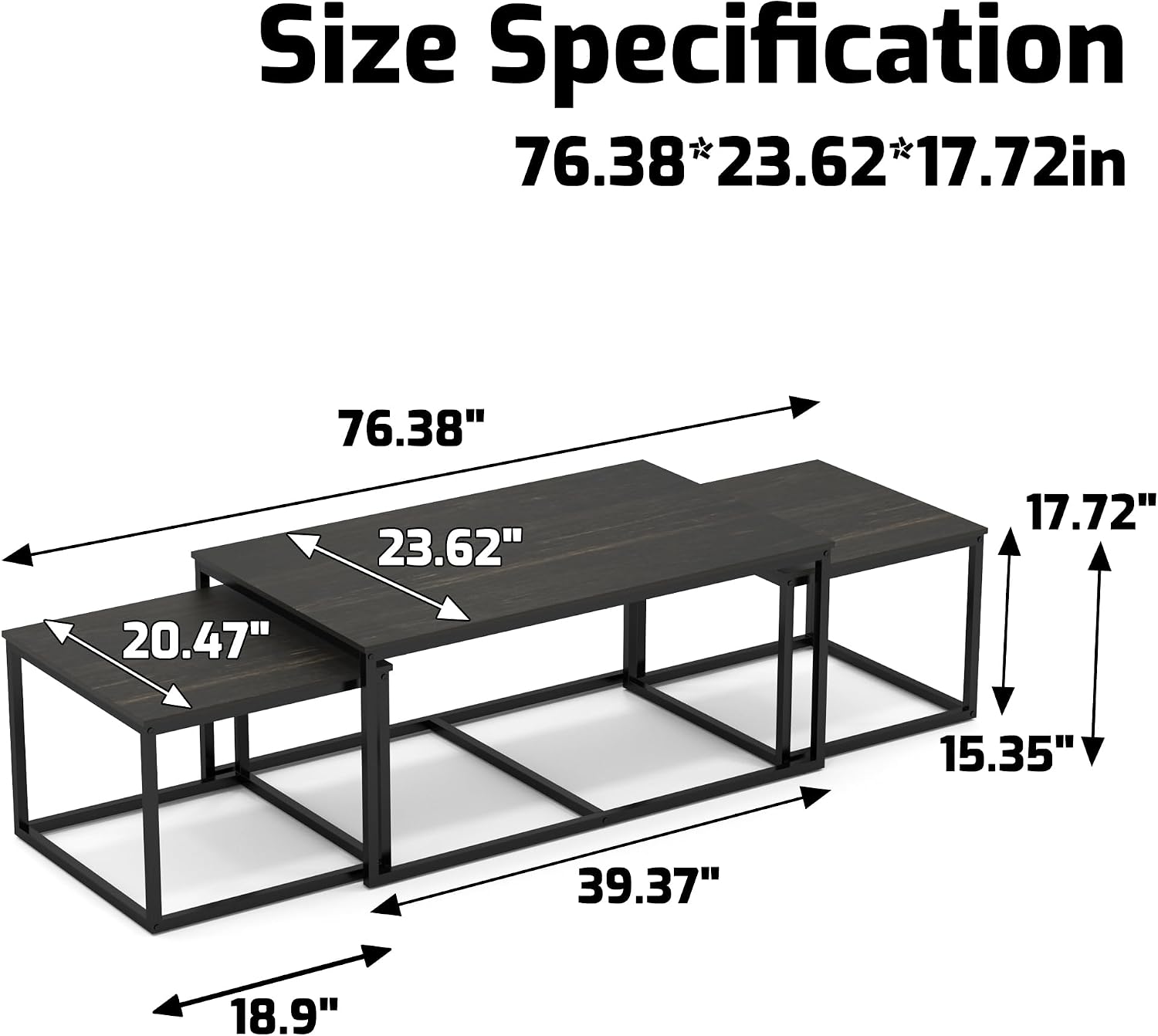 Nesting Coffee Tables,3 Piece Living Room Coffee Table,Industrial Rectangular Coffee Table Set,End Table Side Tables for Living Room Bedroom(Black)