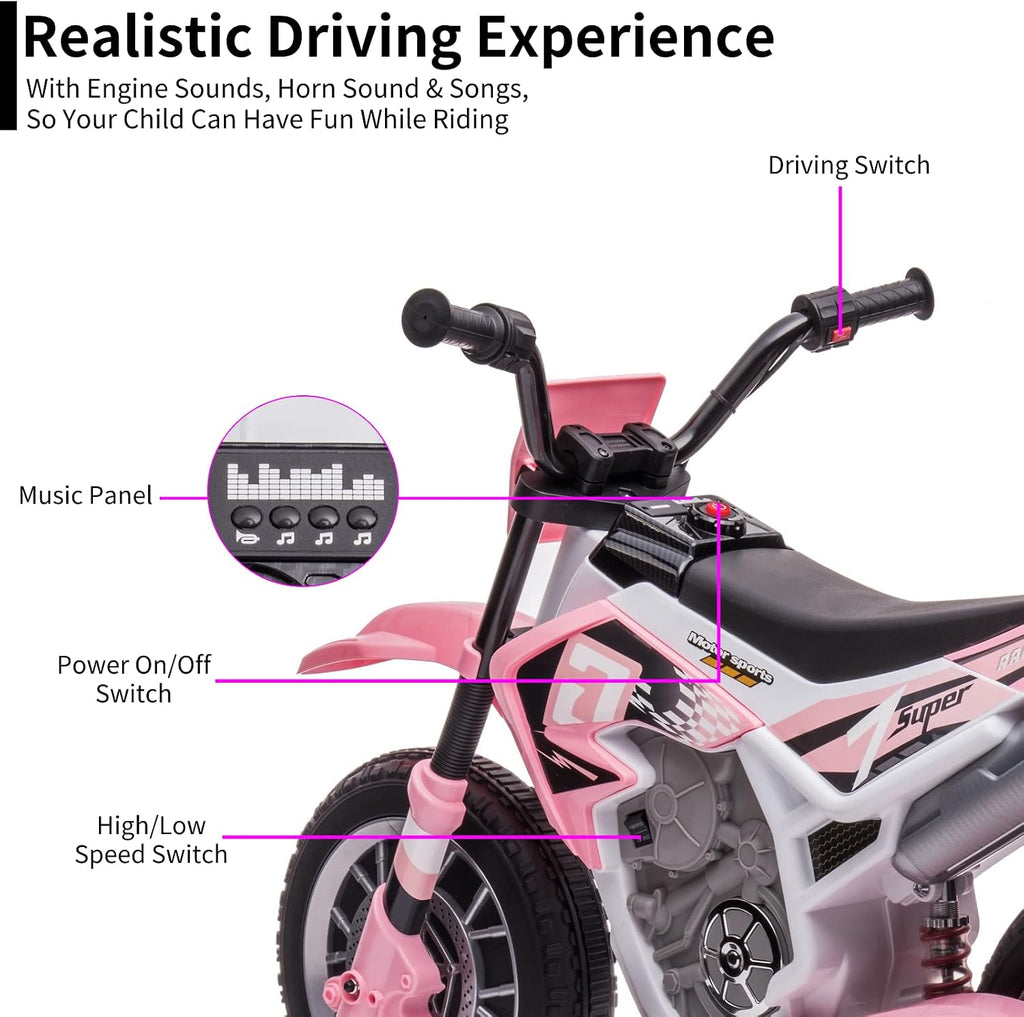12V Electric Dirt Bike for Kids Battery Powered Motorcycle for Kids Girls Ride On Toy Motorbike with 2 Speeds Training Wheels Spring Suspension, Light Pink