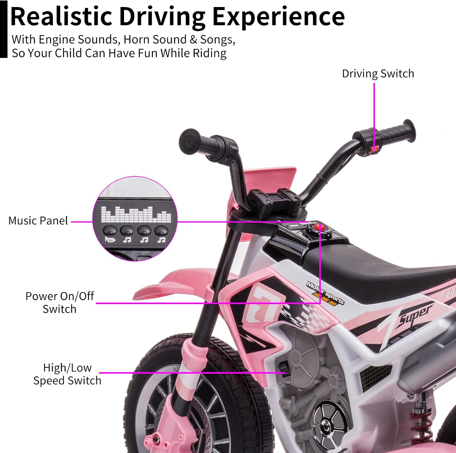 12V Electric Dirt Bike for Kids Battery Powered Motorcycle for Kids Girls Ride On Toy Motorbike with 2 Speeds Training Wheels Spring Suspension, Light Pink