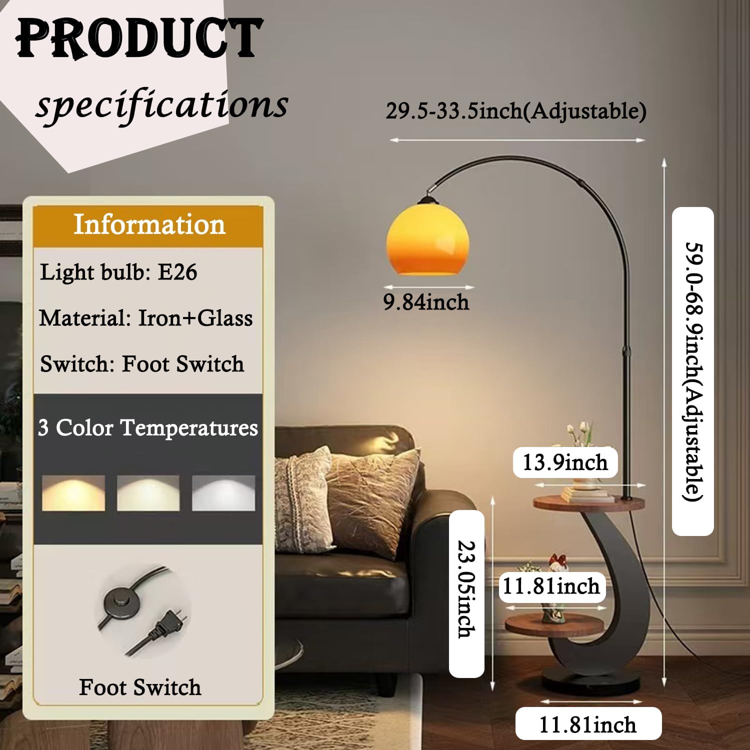 Bofea-Arc Floor Lamps for Living Room,Black Floor Lamp with Table | Wood End Side Table with Lamp,Adjustable Orange Lamps Over Sofa,Warm Lighting,Mid Century Standing Light for Couch