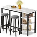 AWQM Bar Table Set with Storage Shelves, 47' Modern White Faux Marble Breakfast Table with 2 Velvet Stools, 3-Piece Dining Set for 2, Space Saving Table for Kitchen/Dining Room/Living Room/Studio