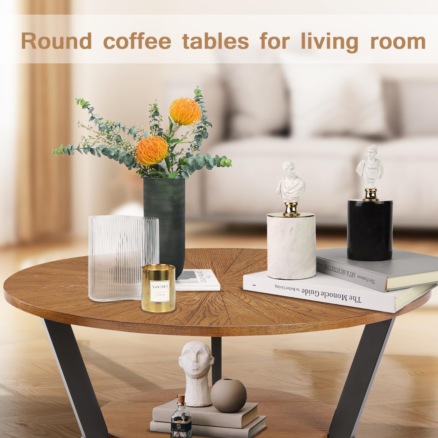 Round Coffee Table, Wood Circle Coffee Table with 2-Tier Storage, Center Table for Living Room Bedroom Office Apartment, Easy Assembly, 35'x 18' Inches, Espresso