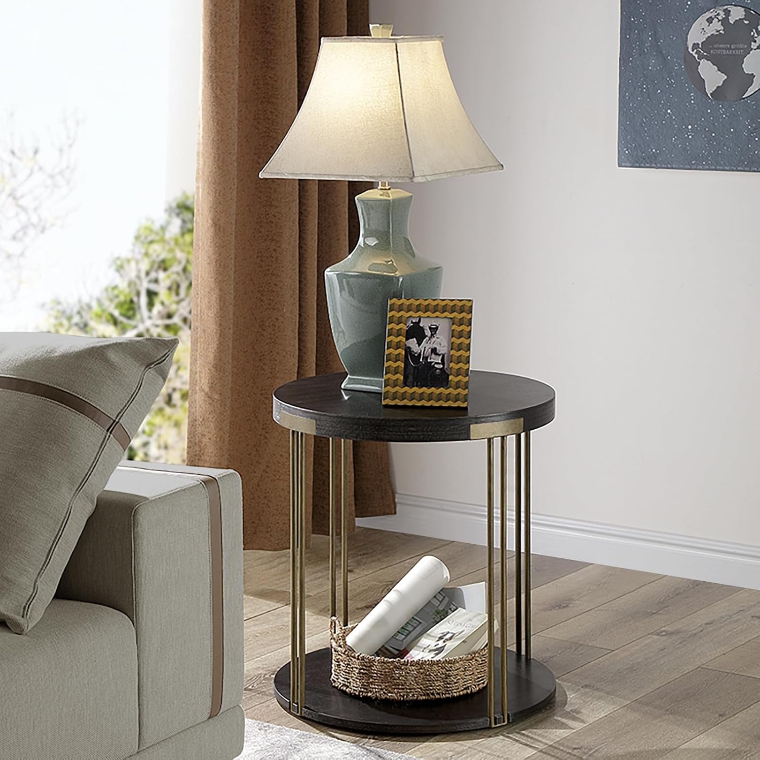 Biaco Modern Industial Round Side Table, Circle Coffee End Table Bedside Nightstand for Living Room & Small Space Decor, Birch Veneer Textured & Gold Metal Legs, Black Gold