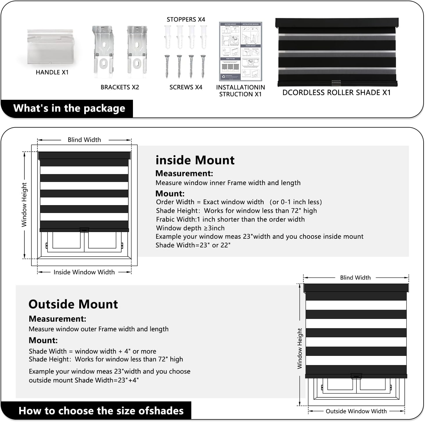 AOSKY Cordless Zebra Blinds for Windows Pull Down Roller Window Shades Dual Layer Light Filtering Privacy for Day and Night, Free-Stop Door Shades for Home Easy to Install (56' W X 72' H, Black)