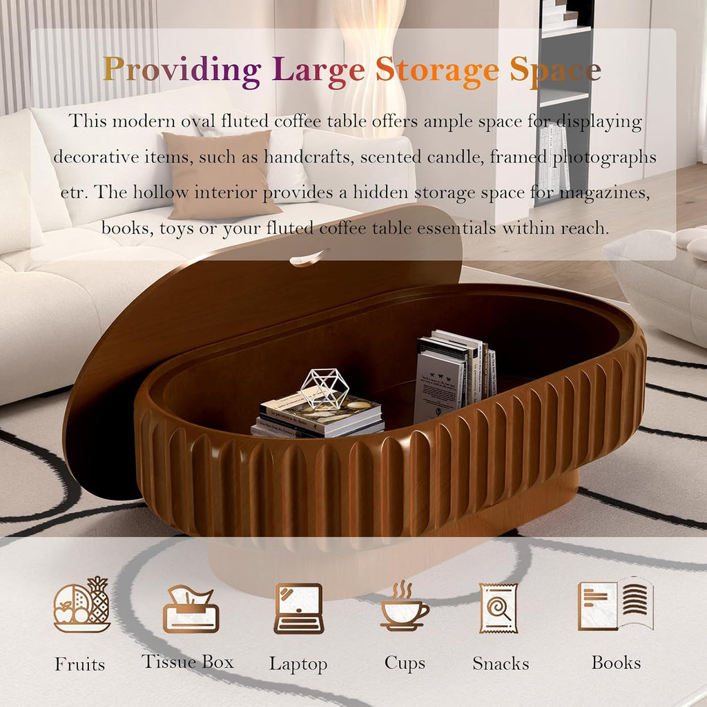43.3' Oval Drum Coffee Table - Handcraft Solid Wood Edge Stripe Rustic Chic Fluted Tea Table with with Storage for Small Space Apartment (F 43.3in)