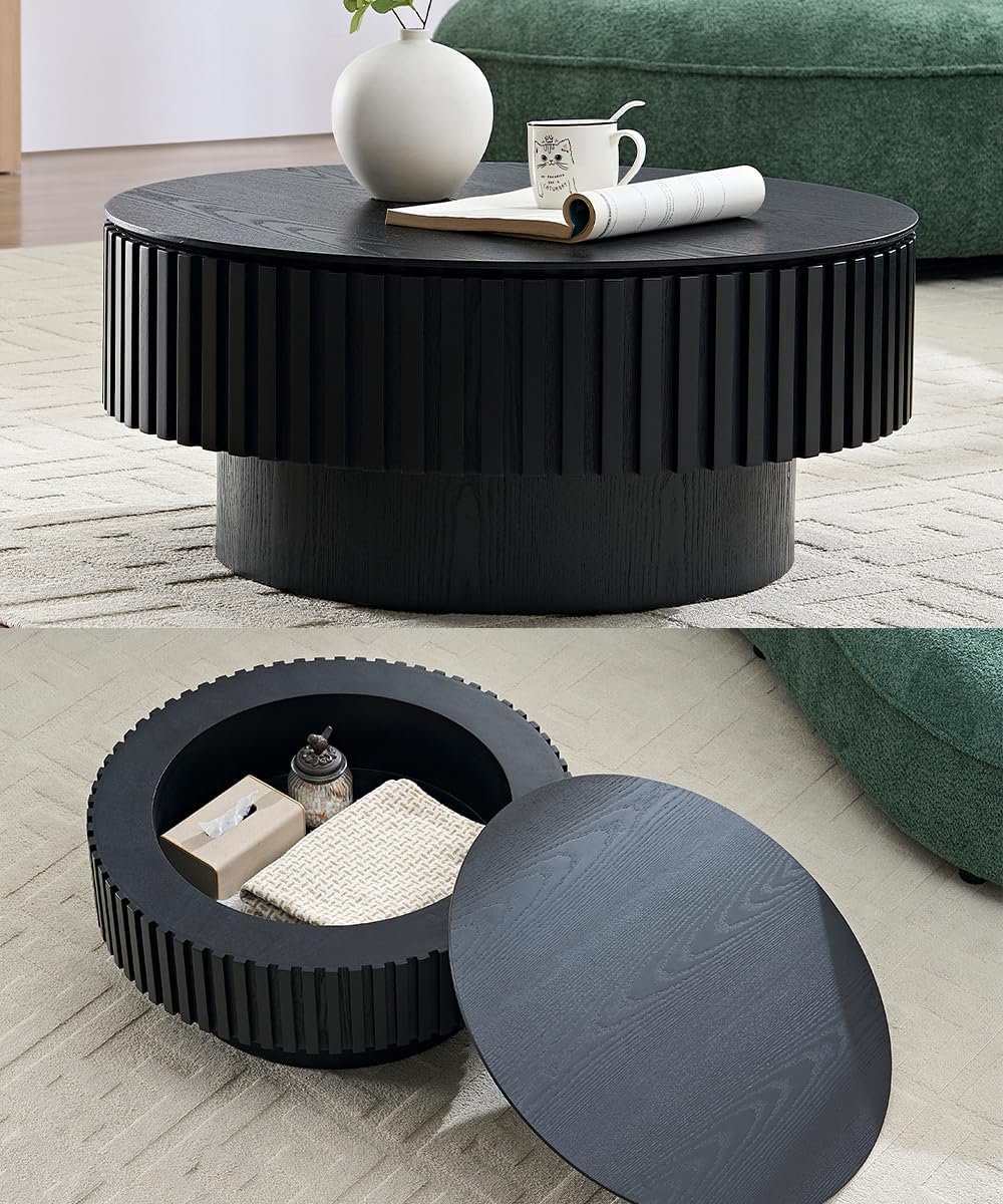 WILLIAMSPACE 31.49' Round Coffee Table with Storage for Living Room, Modern Circle Center Table with Solid Wood Veneered & Sturdy Pedestal, Accent End Tea Table for Apartment - Black